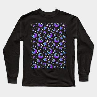 Mystical bright neon pattern with blue moon and stars Long Sleeve T-Shirt